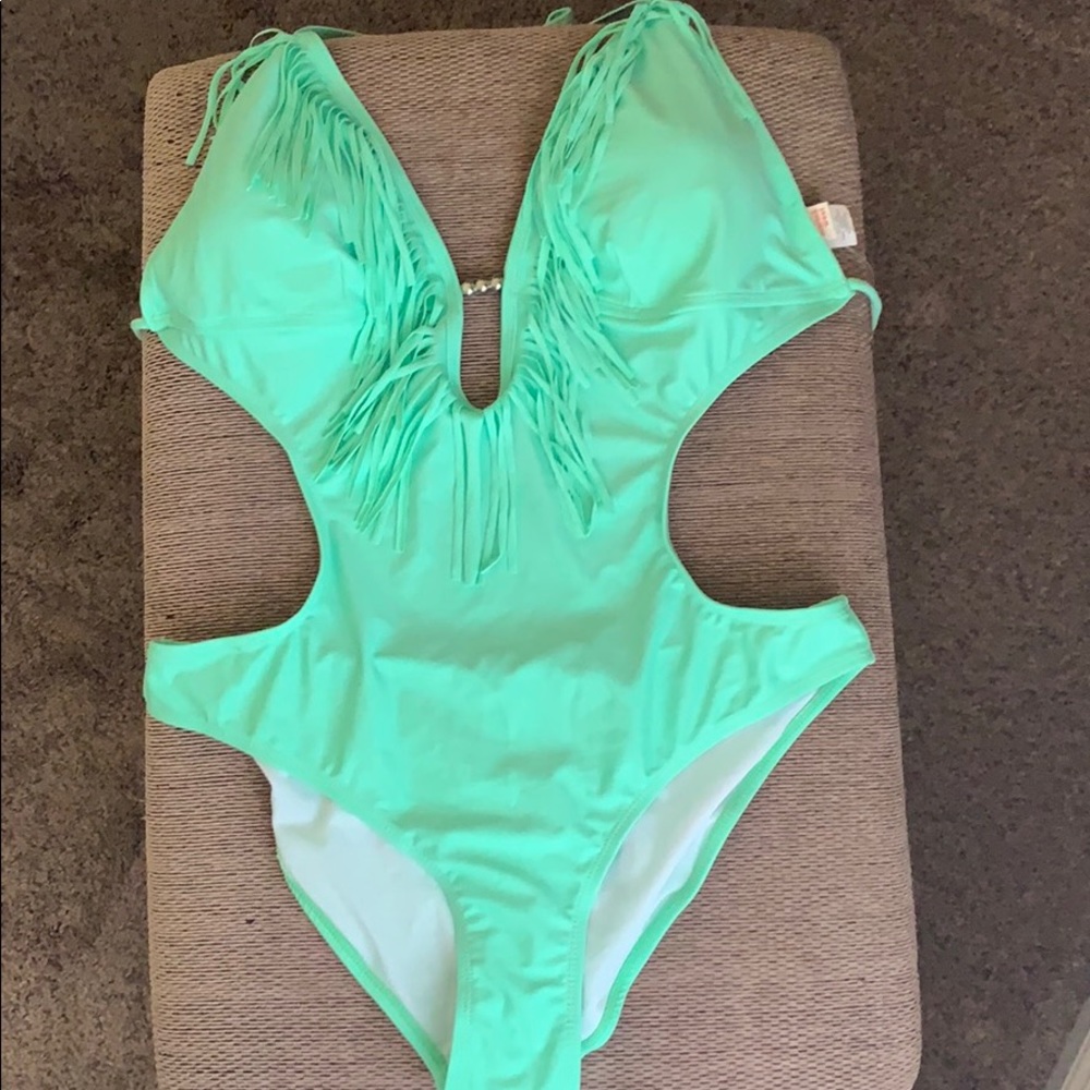 Mint green monokini with fringe top